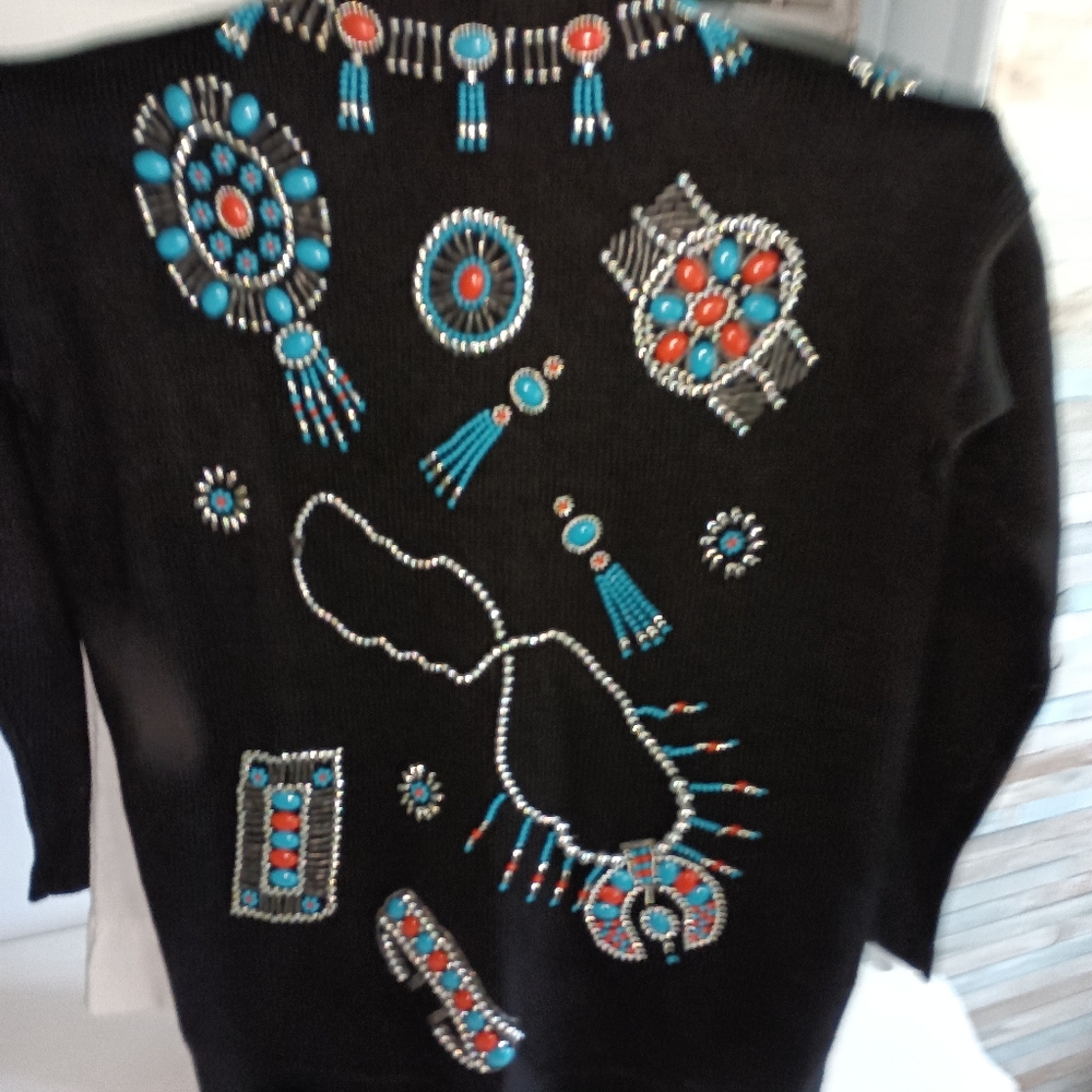 Vintage 90s Y2K Victoria Jones Beaded embroidered Sweater medium. Tribal southwe